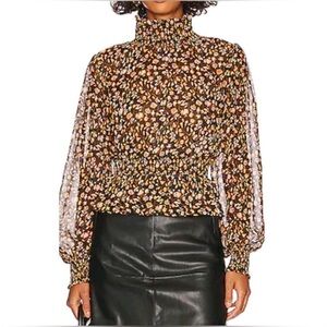 MINKPINK Mira Floral Shirred Smocked Blouse Black Gold Sz S Boho Cottagecore
